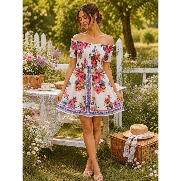Flying Tomato Dresses & Skirts - Flying Tomato Floral Off Shoulder Smocked Mini Dress Red Large Boho‎ Cottagecore